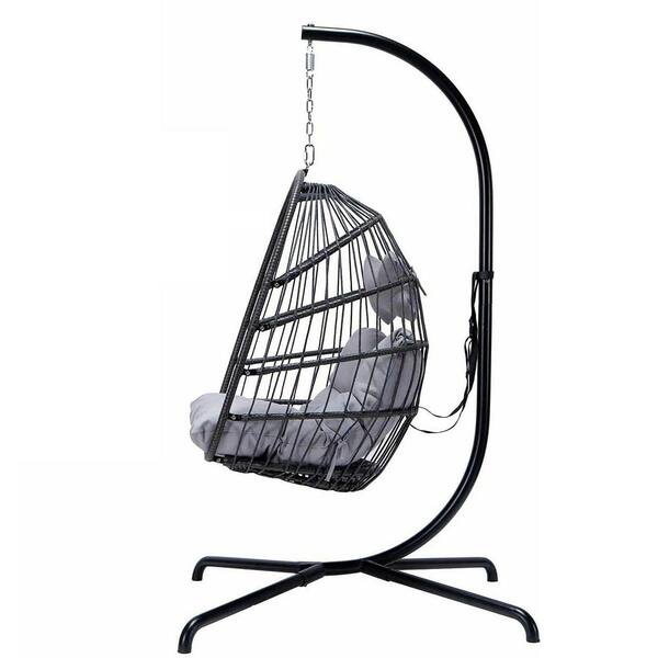 TIRAMISUBEST Black Metal Stand Wicker Patio Swing Chair with Gray Cushion and Pillow
