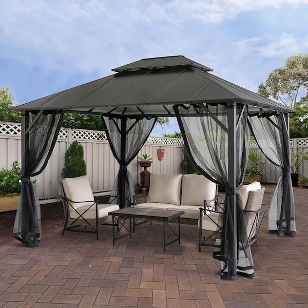 LAUREL CANYON 12 ft. x 10 ft. Insulated Aluminum Outdoor Patio Gazebo with Double Roof and Netting