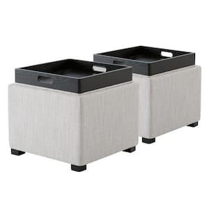 Riley 18 in. Wide Fabric Contemporary Square Storage Ottoman with Tray Serve as Side Table in Ivory Set of 2