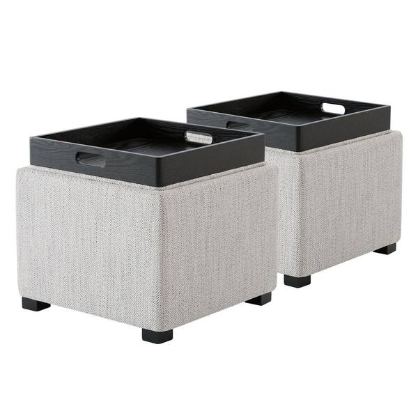 Spruce & Spring Riley 18 in. Wide Fabric Contemporary Square Storage Ottoman with Tray Serve as Side Table in Ivory Set of 2