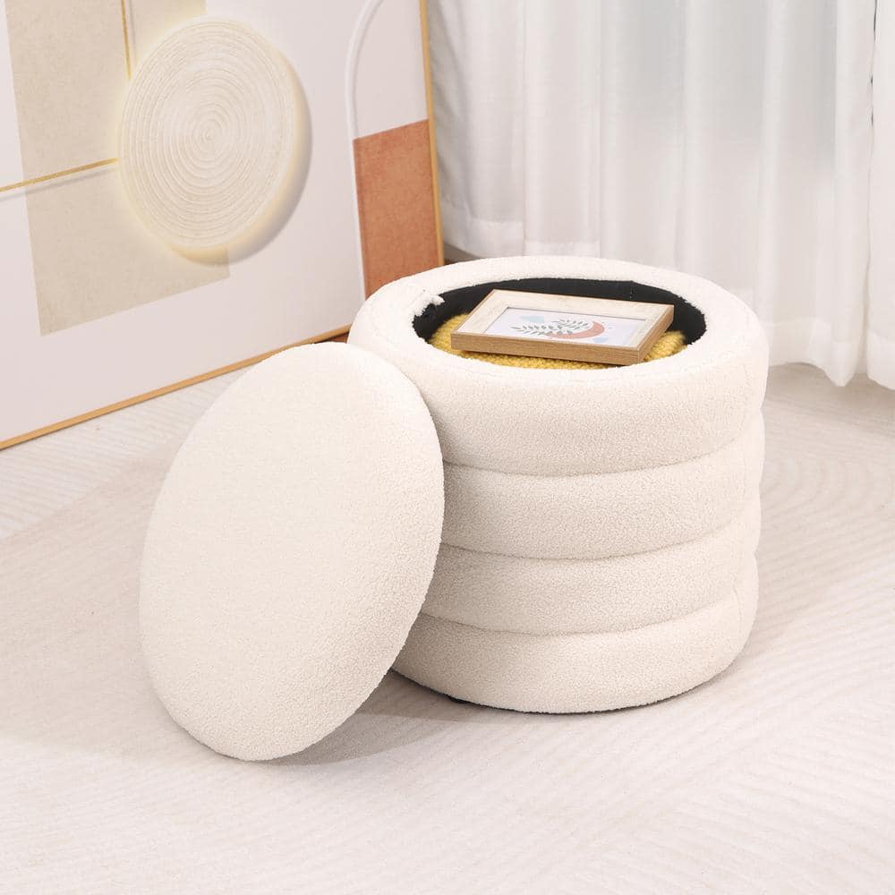 Upholstered Teddy Fabric Fluffy Faux Fur Round Storage Ottoman White 18.5 i