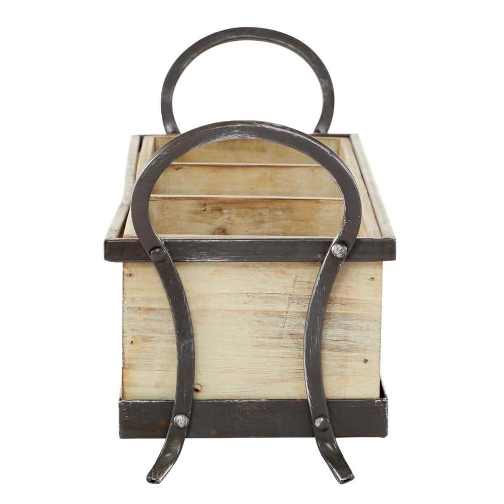 Rustic Pine-Finish Wood Tray with Iron Accents and Dividers, 24"x9"