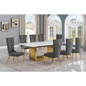 Lisa 9-Piece Rectangular White Marble Top Gold Stainless Steel Base Dining Set With 8-Dark Gray Velvet Fabric Chairs