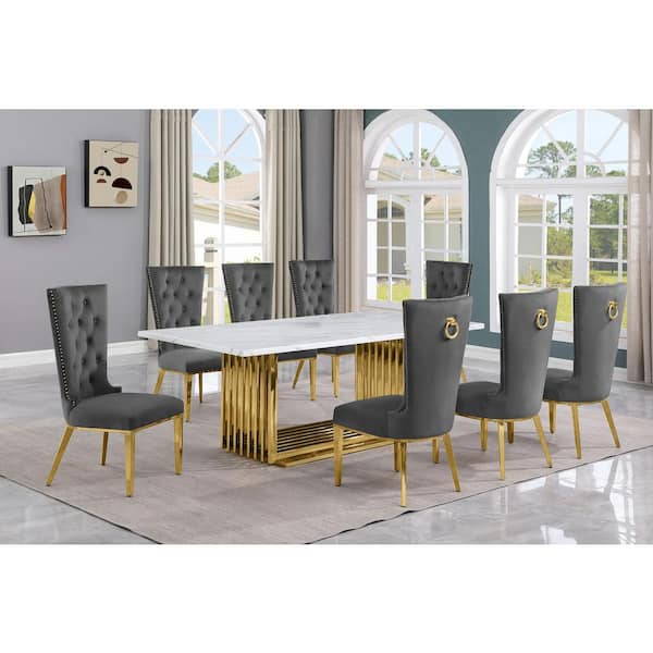 Best Quality Furniture Lisa 9-Piece Rectangular White Marble Top Gold Stainless Steel Base Dining Set With 8-Dark Gray Velvet Fabric Chairs