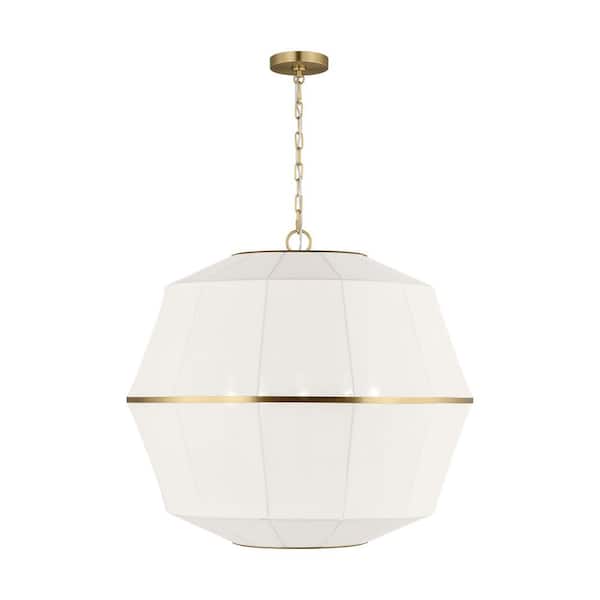 Generation Lighting - Hikari Large 5-Light Burnished Brass Dining Room Pendant Chandelier with White Linen Shade