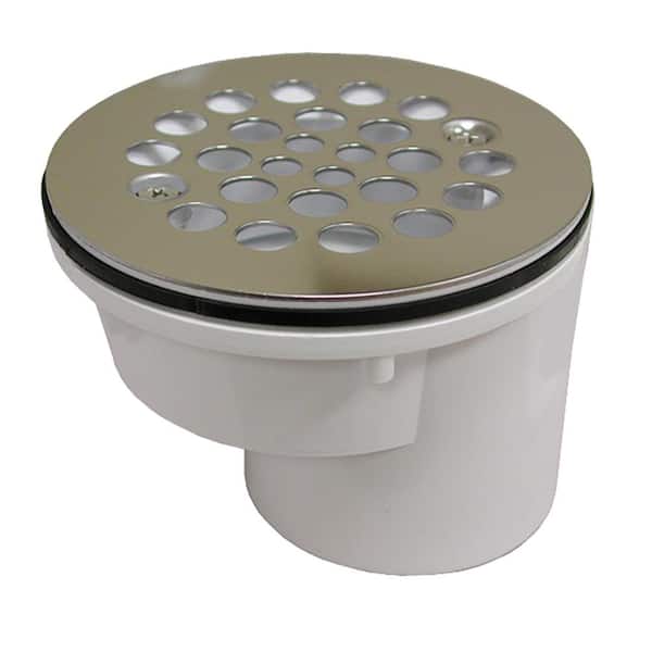 JONES STEPHENS PVC Shower Stall Drain with Offset, Receptor Base & 4-1/4 in. Stainless Steel Strainer - Fits Over 2 in. Sch. 40 Pipe