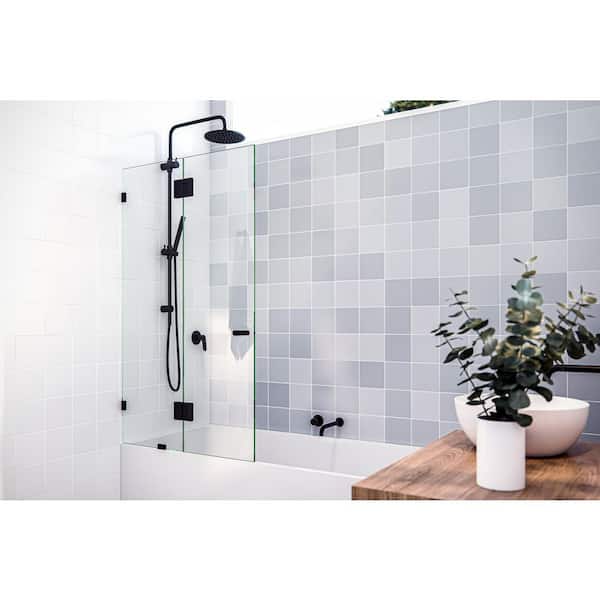Glass Warehouse Halo 34 in. W x 58.25 in. H Glass Hinged Frameless Tub Door in Matte Black with Clear Glass