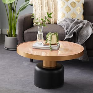 30 in. x 18 in. Round Gold and Black Metal Coffee Table with Dark Peach Enamel Inlay