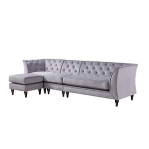 Danna GrayVelvet 4-Seater L-Shaped Modular Chesterfield Sectional Sofa with Tapered Wood Legs