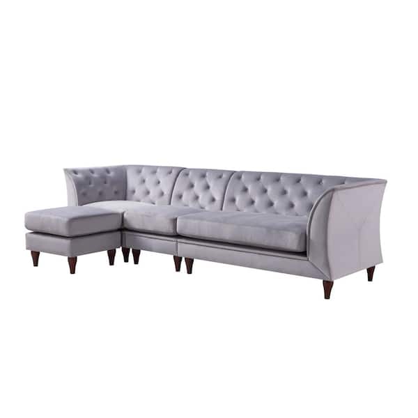 Furniture of America Danna GrayVelvet 4-Seater L-Shaped Modular Chesterfield Sectional Sofa with Tapered Wood Legs