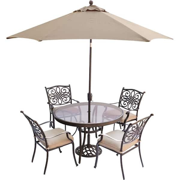 Hanover Traditions 5 Piece Aluminum Outdoor Dining Set With Round Glass Top Table Umbrella And Base Natural Oat Cushions Traddn5pcg Su The Home Depot - Patio Dining Sets With Umbrella Home Depot