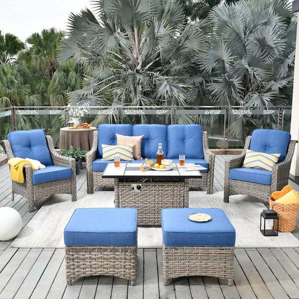 HOOOWOOO Verona Grey 6-Piece Wicker Outdoor Patio Conversation Sofa Seating Set with a Rectangle Fire Pit and Sky Blue Cushions