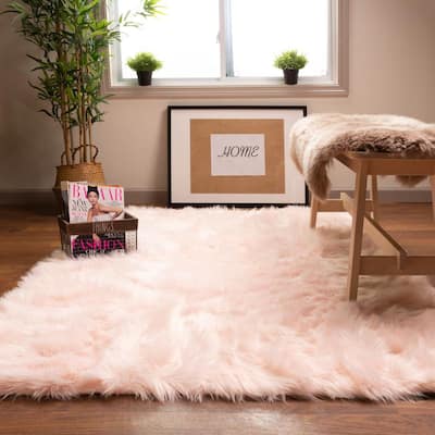 Super Area Rugs Serene Silky Faux Fur Fluffy Shag Rug Light Pink 5' x 7 ...