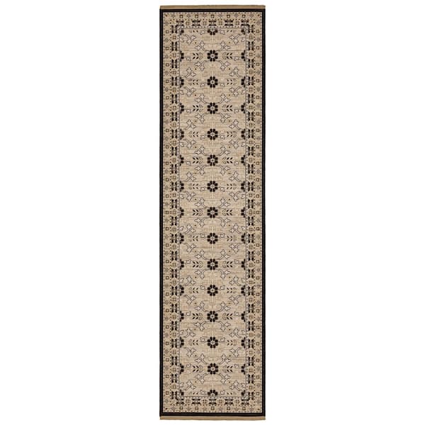 Amara 2 ft. x 10 ft. Beige/Black Floral Area Rug