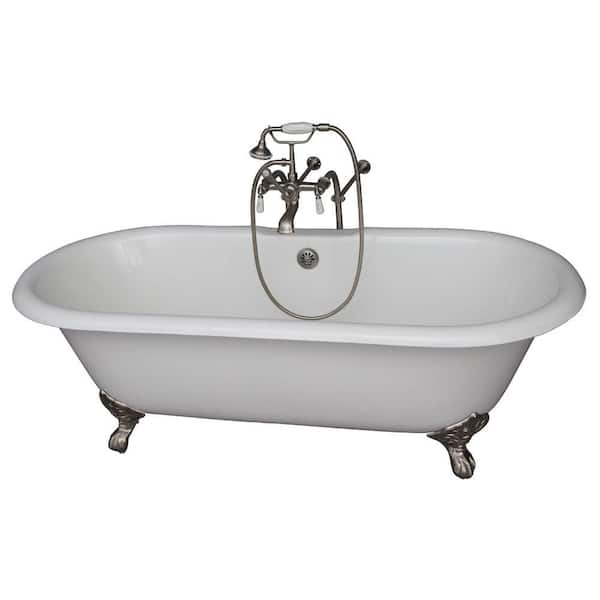 Barclay Products 5.6 ft. Cast Iron Imperial Feet Double Roll Top Tub in White with Brushed Nickel Accessories