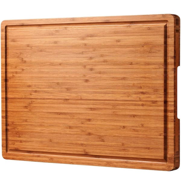 Extra Large 24 in. x 18 in. Rectangular Carbonized Bamboo Cutting Board with Deep Juice Grooves and Built-In Handles