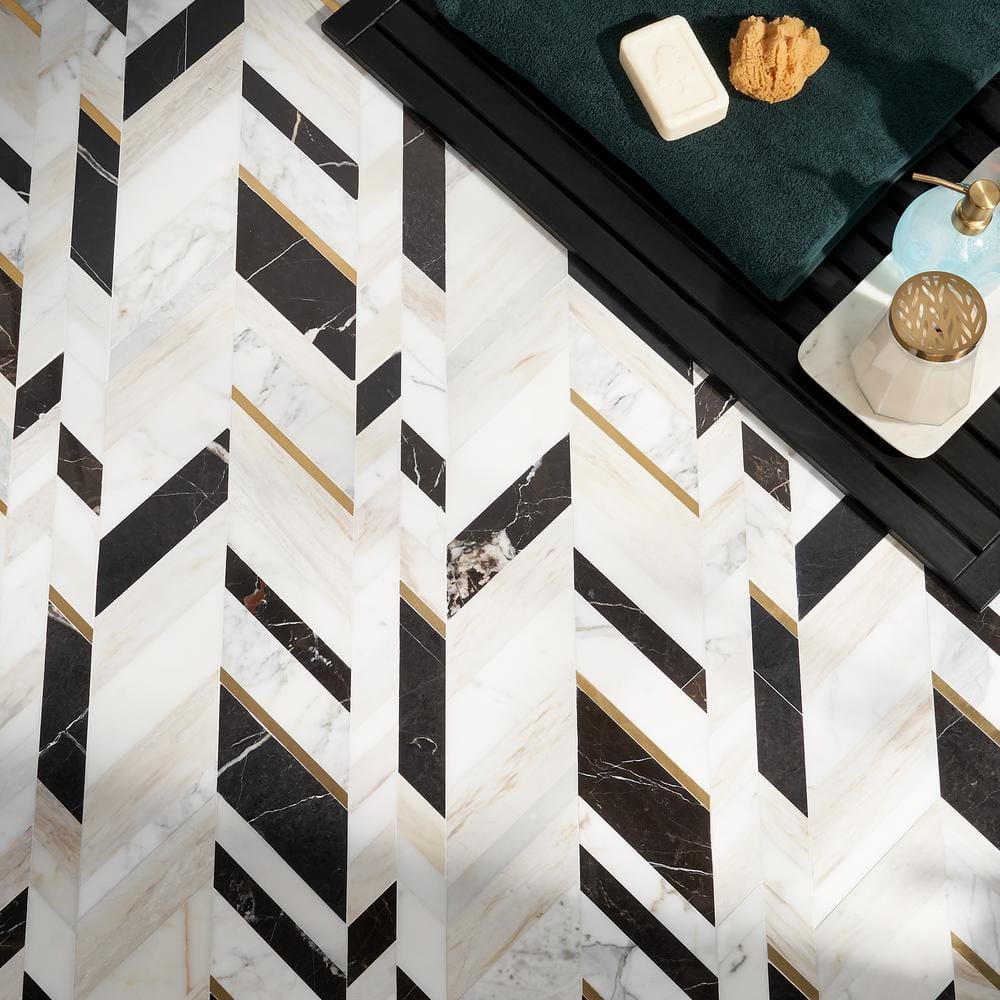 Tyra 11.81 in. x 18.89 in. Polished Marble and Brass Wall Mosaic Tile (1.55 Sq. Ft. / Each)