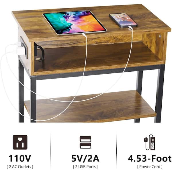 Jalanda Tall End Table with 2 USB Ports, 2 Power Outlets, and 2-Tier Storage Shelves 17 Stories Color: Dark Walnut
