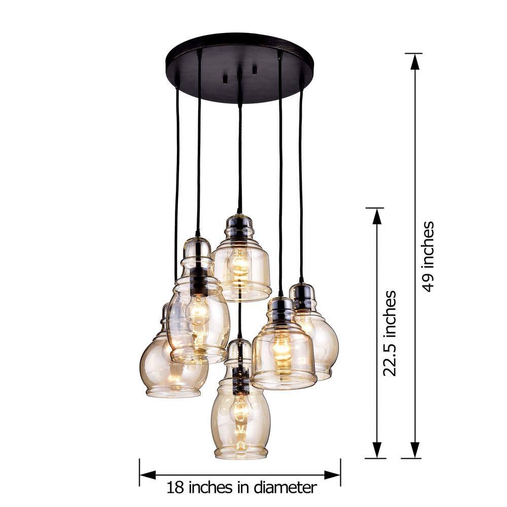 Mariana Cognac Glass and Antique Black 6-Light Pendant