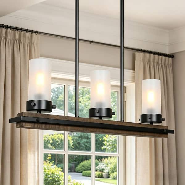 Farmhouse 3-Light Black Island Wood Chandelier with Cylinder White Frosted Glass Shades Rustic Hanging Lamp for Kitchen