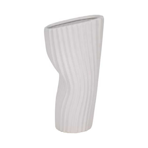 Liv & Skye 12 in. White Stoneware Abstract Curved Ribbed Decorative Vase