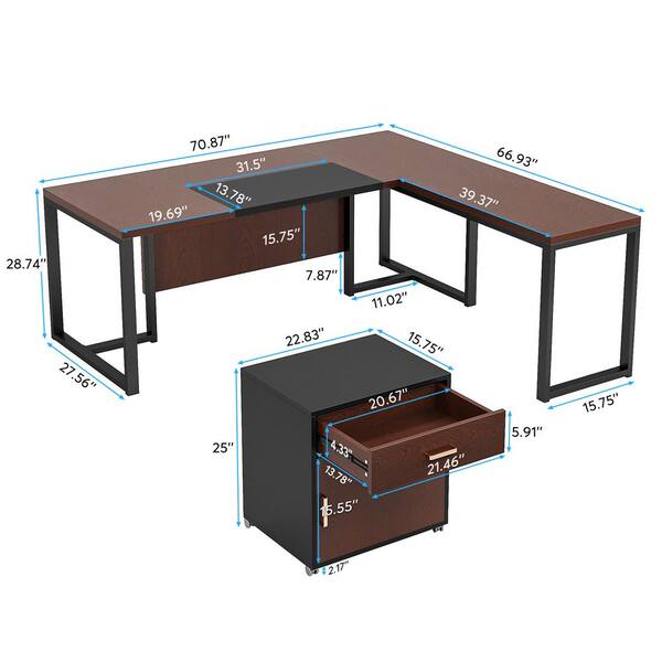 BYBLIGHT Capen 87 in. L Shaped Brown Engineered Wood 2 Drawer Executive Desk  with 51 in. File Cabinet Home Office Computer Desk BB-F1658XF - The Home  Depot