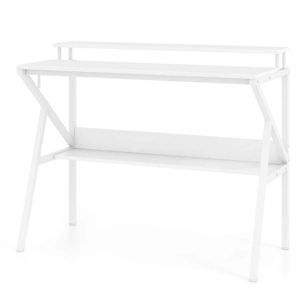 39.5 in. Rectangular White Engineered Wood 0-Drawer Computer Desk with Monitor Stand, Open Shelf & Metal Frame
