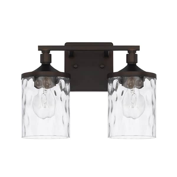 HOMEPLACE LIGHTING 13 in. W x 10 in. H x 7 in. E 2-Light Clear Water Glass Vanity Light in Bronze