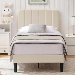 Upholstered Bed Frame, Twin Platform Bed Frame with Adjustable Headboard, Strong Wooden Slats Support, Beige