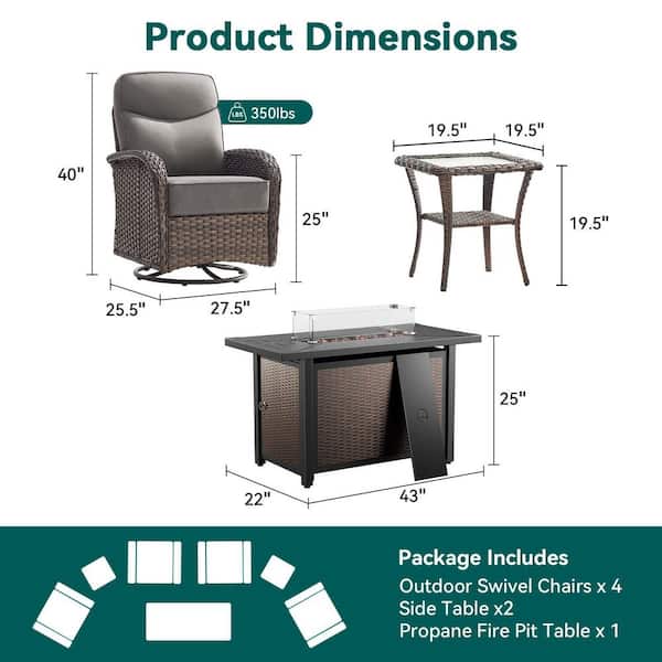 Moonridge 7-Piece Brown Wicker Fire Pit Conversation Set with 6 in. Olefin Gray Cushions / Patio Swivel Chairs