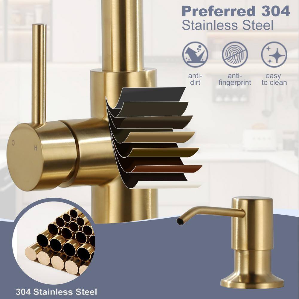 Brushed Gold Stainless Steel Pull Down Kitchen Faucet with Soap Dispenser