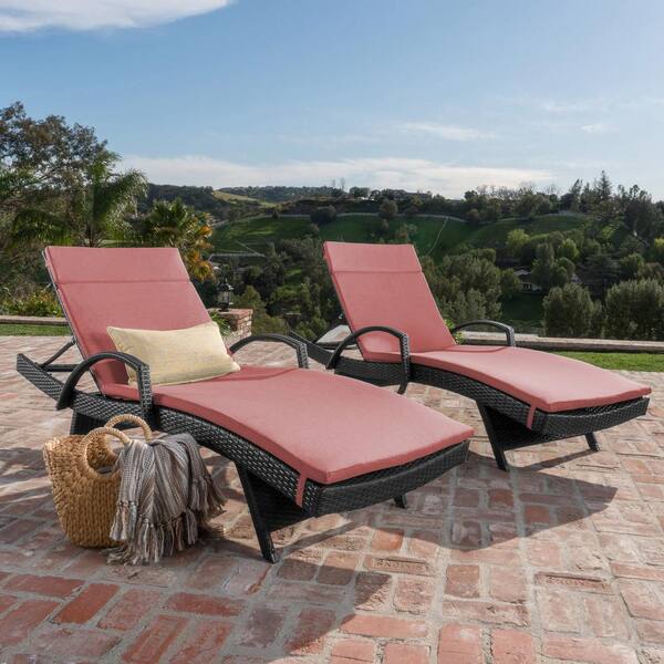 Noble House Miller Grey 2-Piece Faux Rattan Outdoor Chaise Lounge Set with Red Cushions and Armrest
