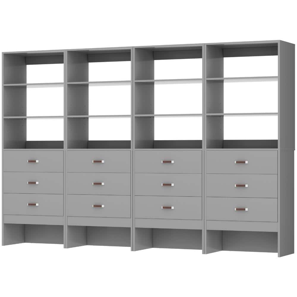 24 in. W - 96 in. W Grey Set of 4 Walk-In Tower 16-Shelf Wood Closet System with 12 Enclosed Drawers Leather Handles price history on PriceWatchPro