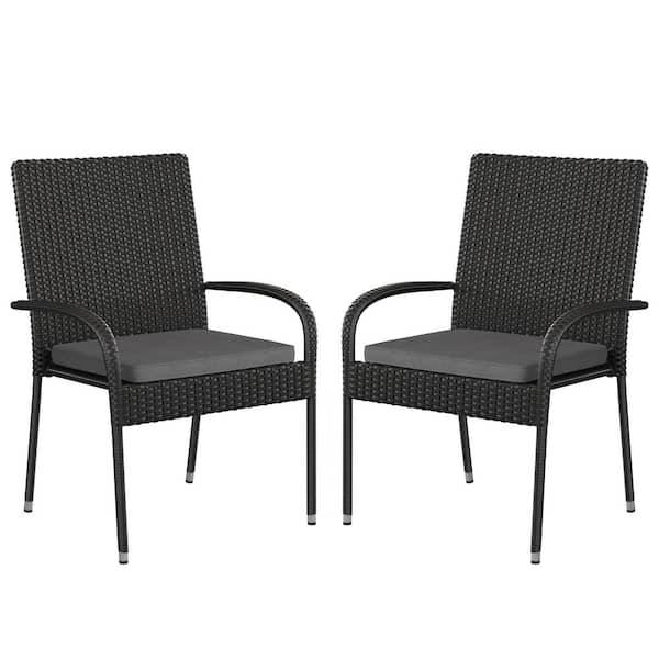 TAYLOR + LOGAN Black Wicker/Rattan Outdoor Dining Chair in Gray Set of 2