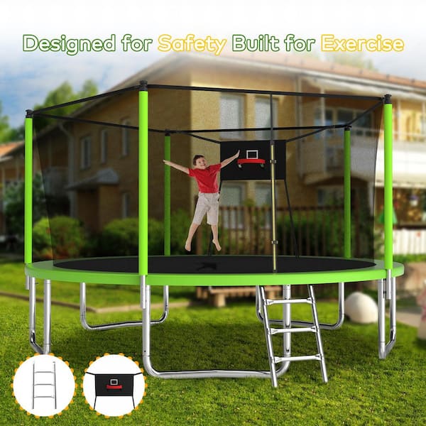 Unbranded 14 Outdoor Trampoline with Basketball Hoop, Enclosure Net and  Ladder for Kids and Adults, Green LM-W1163120242