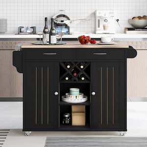 Black Kitchen Cart with 2-Storage Cabinets and 4-Locking Wheels Wine Rack 2-Drawers Spice Rack Kitchen Island