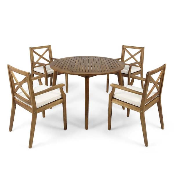Pines Teak Brown 5-Piece Wood Outdoor Dining Set with Cream Cushions