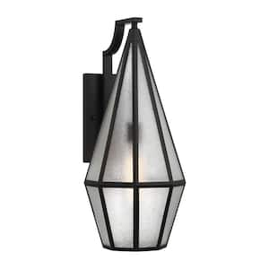 Peninsula 24 in. Matte Black Outdoor Hardwired Wall Lantern Sconce with Art Glass Shade