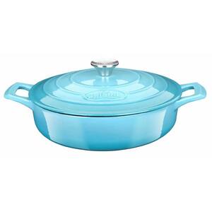 3.75 qt. Cast Iron Covered 3-Layers Porcelain Enamel Exterior Braiser in Teal Non-Stain with Lid and Comfortable Handle