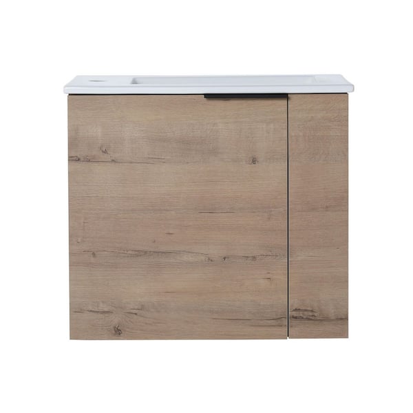 22 in. Wall-Mounted Single Oak Bath Vanity with White Ceramic Vanity Top Unassembled