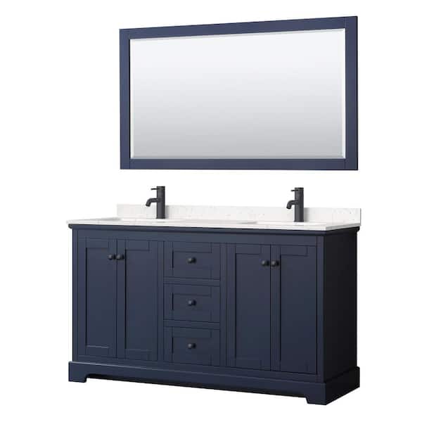 Wyndham Collection Avery 60 in. W x 22 in. D x 35 in. H Double Bath Vanity in Dark Blue with Carrara Cultured Marble Top and 58 in. Mirror