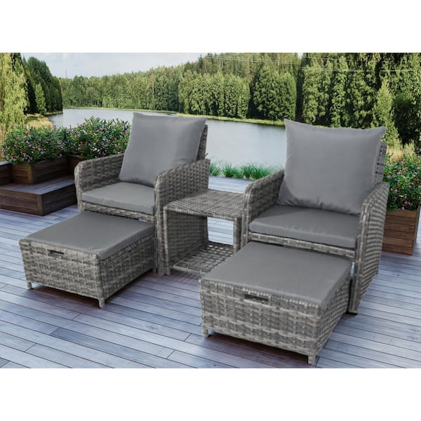 Uixe 5 Pieces Wicker Patio Furniture Lounge Chairs with Ottomans Conversation with Coffee Table Grey Cushion and Grey Rattan