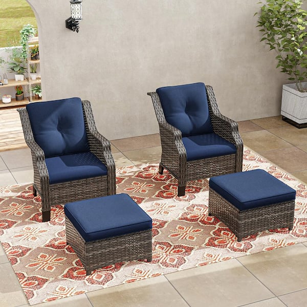 4-Piece Wicker Outdoor Patio Conversation Set with Blue Cushions and Ottoman