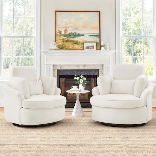 White Chenille Upholstered Swivel Barrel Chair with 3 Removable Pillows Swivel Accent Chair for Living Room Set of 2