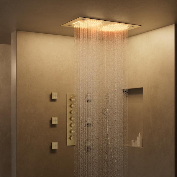 28 in. Rectangle Aurora Shower System 6-Spray Dual Ceiling Mount Fixed and Handheld Shower Head 2.5 GPM in Brushed Gold