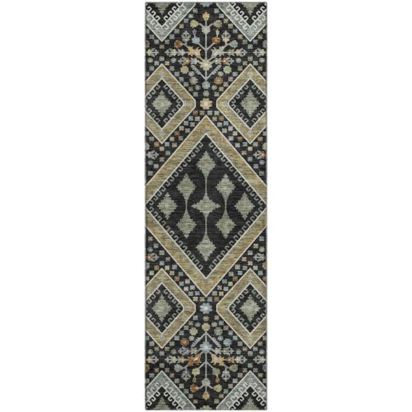 Mayfield Premium Machine Washable Abstract AMF2459 Black 2 ft. x 7 ft. Runner Rug