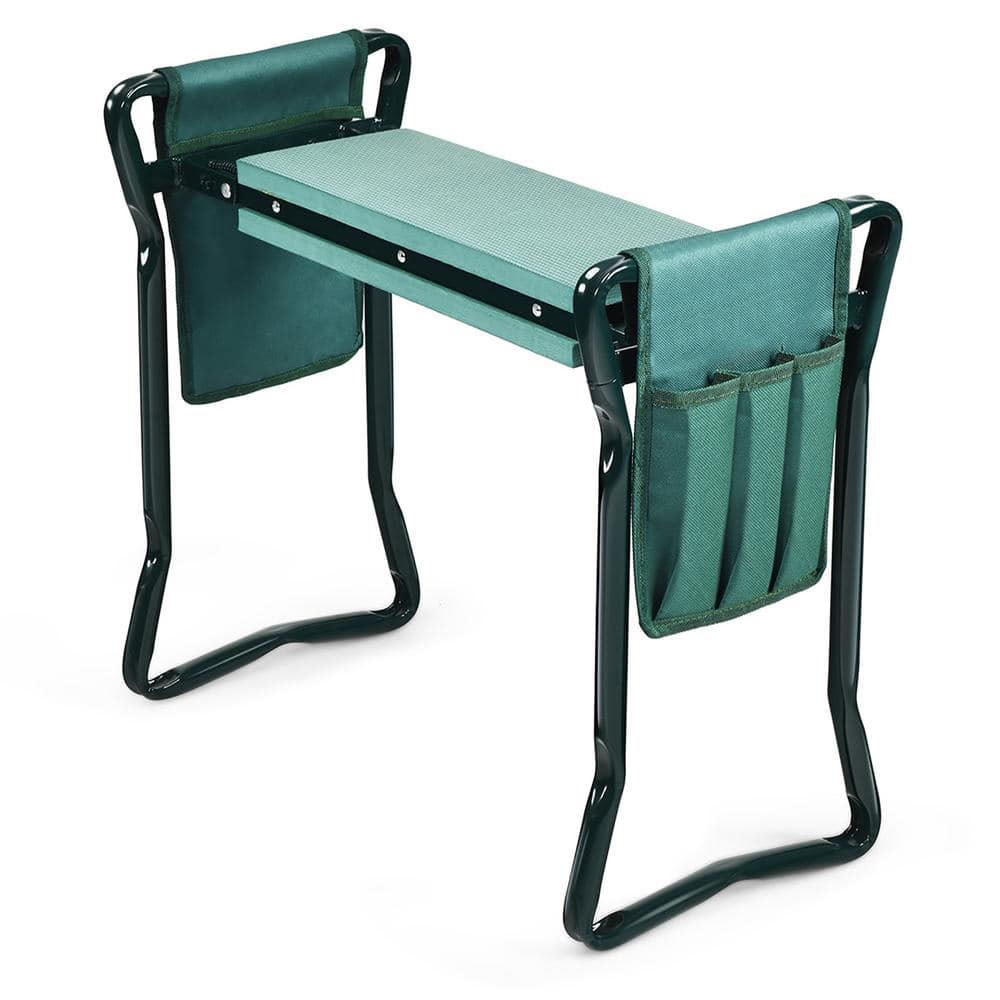 Green and Beige Metal Folding Garden Kneeler Seat Bench with Tool Pouches