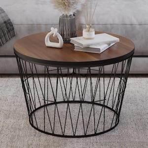 15.5 in. Round Coffee Table with Geometric Metal Base - Small Modern Accent Table for Living Room Brown
