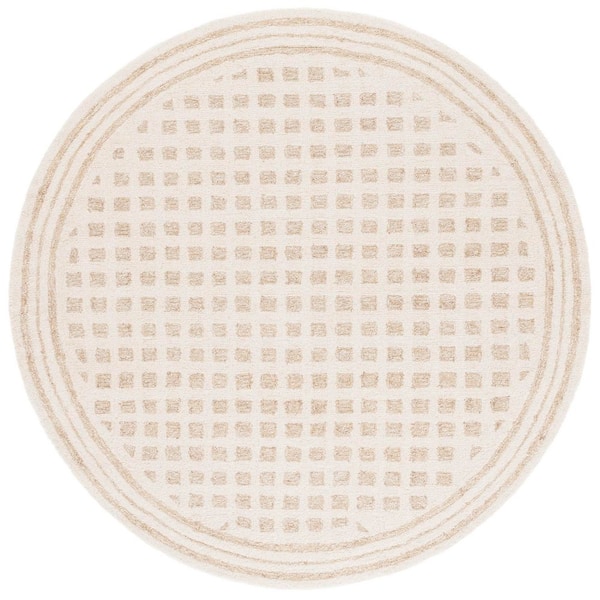 Ebony 6 ft. x 6 ft. Ivory/Beige Tiled Border Round Area Rug