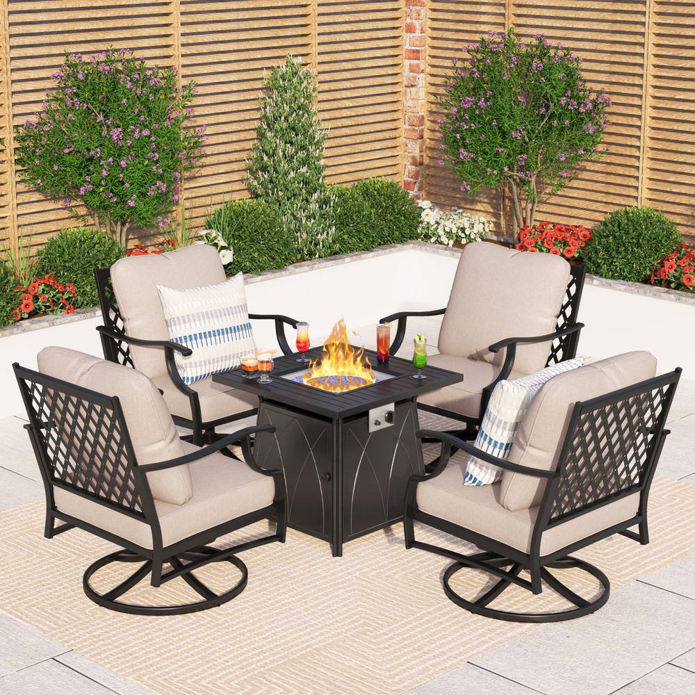 PHI VILLA Black Metal 4 Seat 5-Piece Steel Outdoor Patio Conversation ...